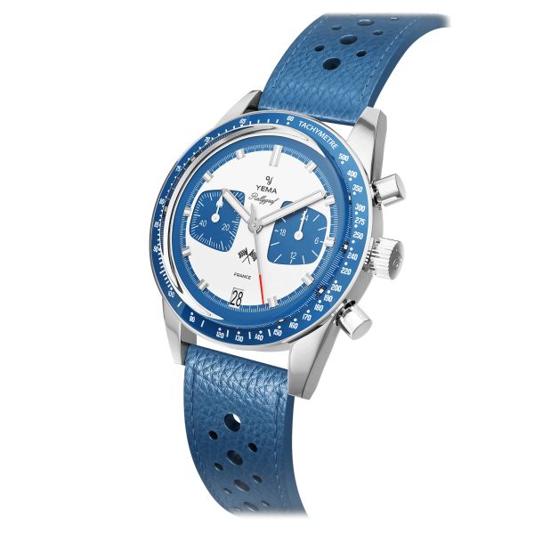 Yema Rallygraf Meca-Quartz watch white dial blue leather strap 39 mm YMHF1580-GG