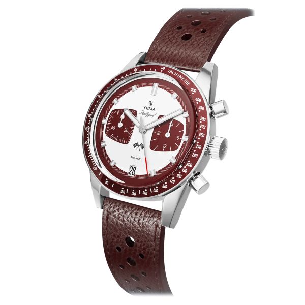 Yema Rallygraf Meca-Quartz watch white dial burgundy leather strap 39 mm YMHF1580-LL