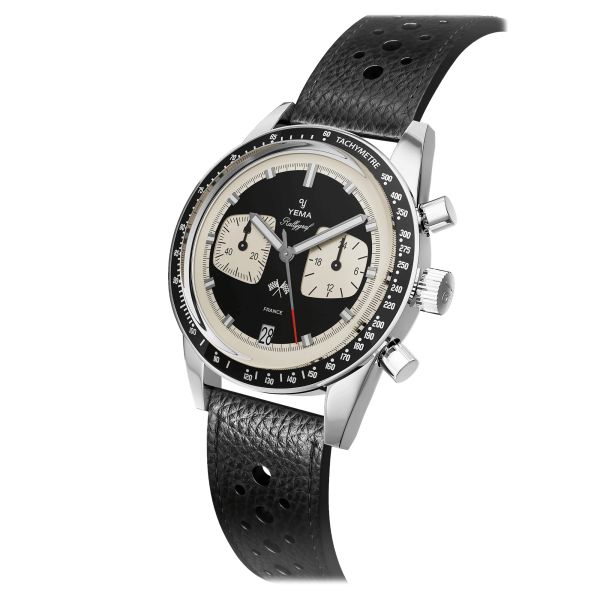 Yema Rallygraf Meca-Quartz watch black dial black leather strap 39 mm YMHF1580-AA