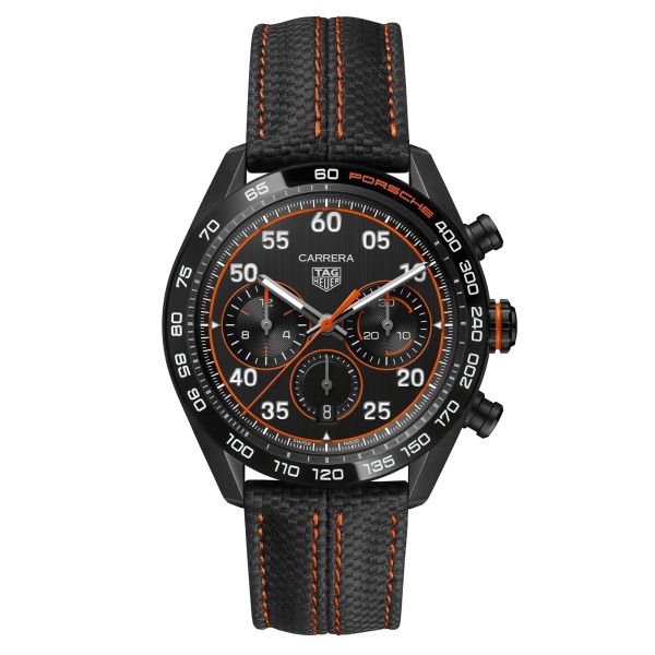 Montre TAG Heuer Carrera Chronographe x Porsche Orange Racing automatique cadran noir bracelet caoutchouc noir 44 mm CBN2A1M.FC6