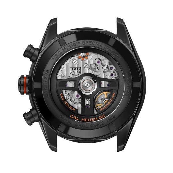 Montre TAG Heuer Carrera Chronographe x Porsche Orange Racing automatique cadran noir bracelet caoutchouc noir 44 mm CBN2A1M.FC6