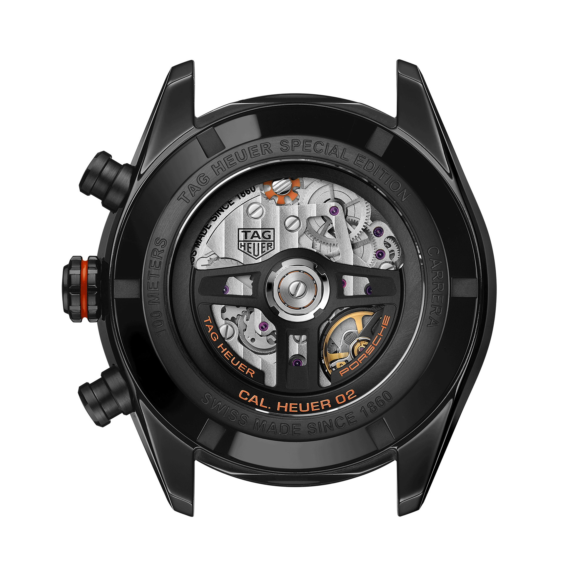 Montre TAG Heuer Carrera Chronographe x Porsche Orange Racing automatique cadran noir bracelet caoutchouc noir 44 mm CBN2A1M.FC6