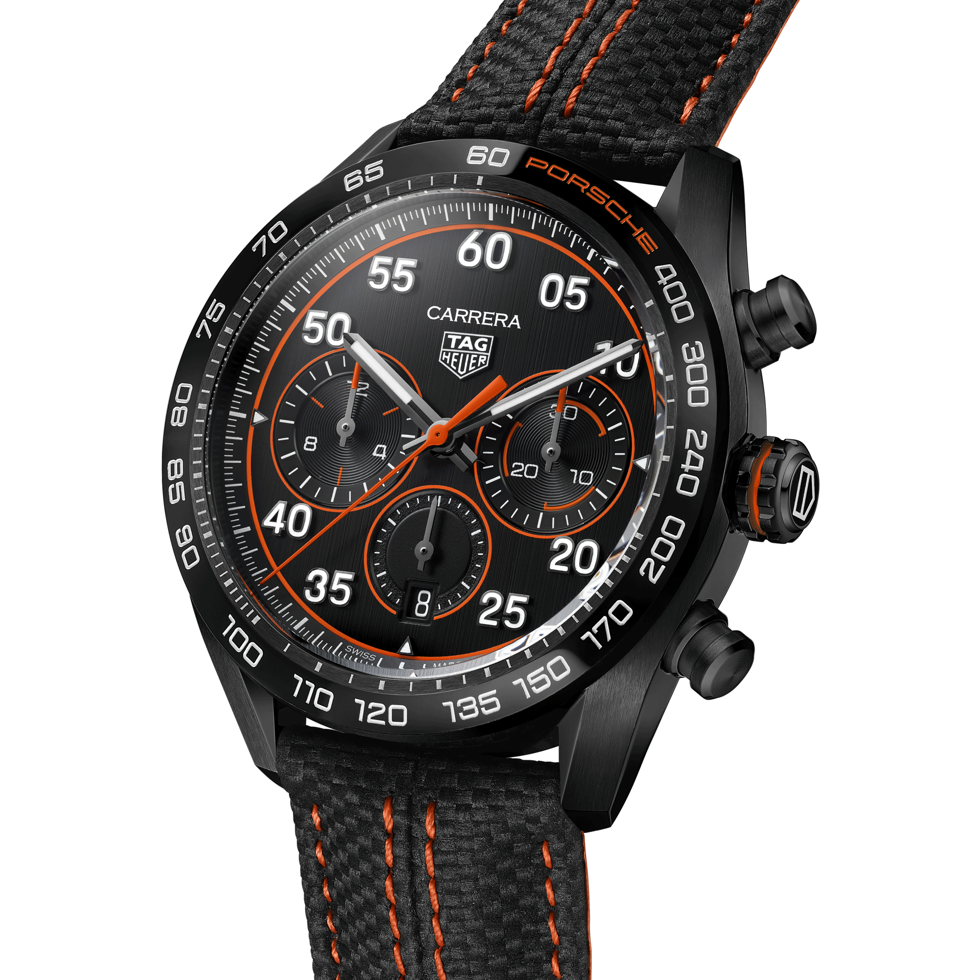 Montre TAG Heuer Carrera Chronographe x Porsche Orange Racing automatique cadran noir bracelet caoutchouc noir 44 mm CBN2A1M.FC6