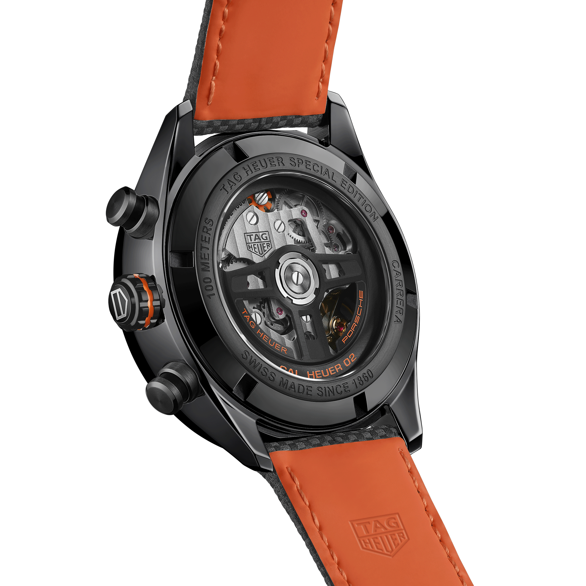 Montre TAG Heuer Carrera Chronographe x Porsche Orange Racing automatique cadran noir bracelet caoutchouc noir 44 mm CBN2A1M.FC6