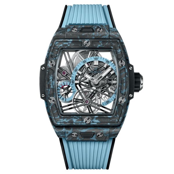 Hublot Spirit of Big Bang Tourbillon Carbon Sky Blue mechanical watch skeleton dial blue rubber strap 42 mm