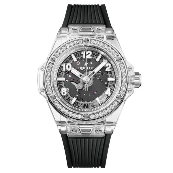 Hublot Big Bang One Click Sapphire Diamonds automatic watch skeleton dial black rubber strap 39 mm