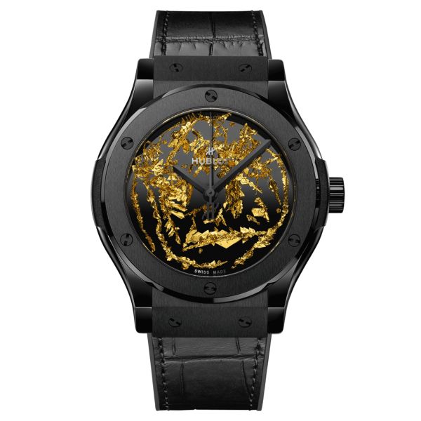 Hublot Classic Fusion Gold Crystal Ceramic automatic watch black dial and gold bracelet black rubber 42 mm