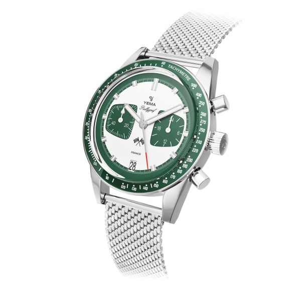 Yema Rallygraf Meca-Quartz watch green case white dial stainless steel bracelet Milanese mesh 39 mm YMHF1580-ZM