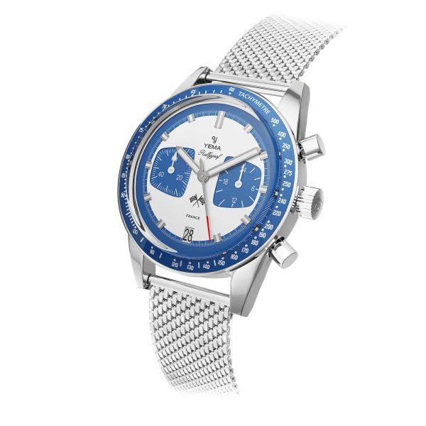 Yema Rallygraf Meca-Quartz watch blue bezel white dial stainless steel bracelet Milanese mesh 39 mm YMHF1580-GM