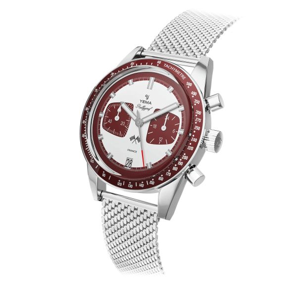 Yema Rallygraf Meca-Quartz watch burgundy dial white stainless steel bracelet Milanese mesh 39 mm YMHF1580-LM