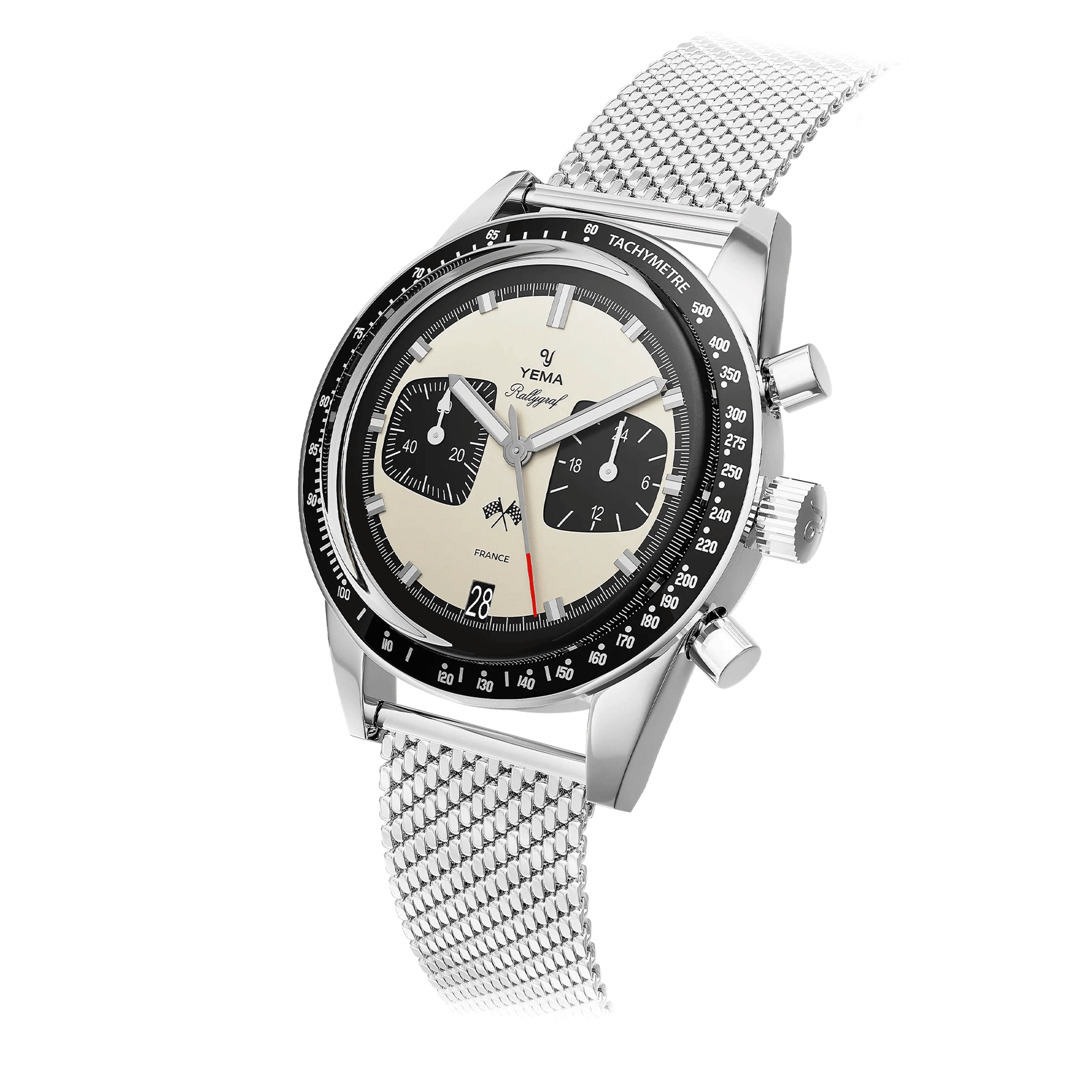 Yema Rallygraf Meca-Quartz watch cream dial stainless steel bracelet Milanese mesh 39 mm YMHF1580-BM