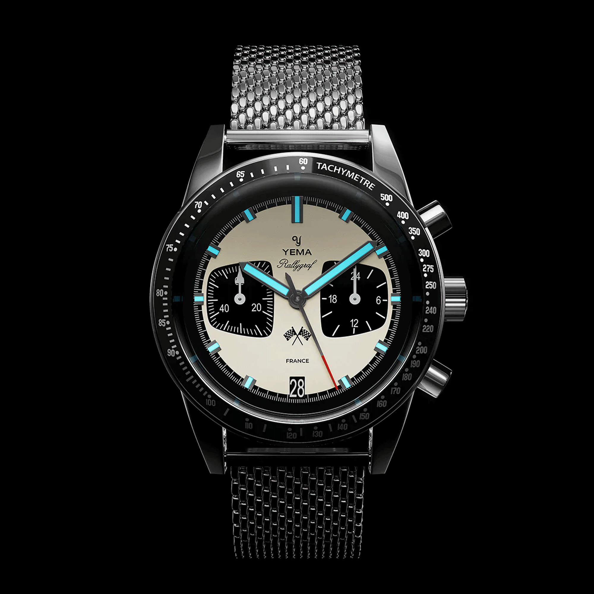 Montre Yema Rallygraf Meca-Quartz cadran crème bracelet acier maille milanaise 39 mm YMHF1580-BM