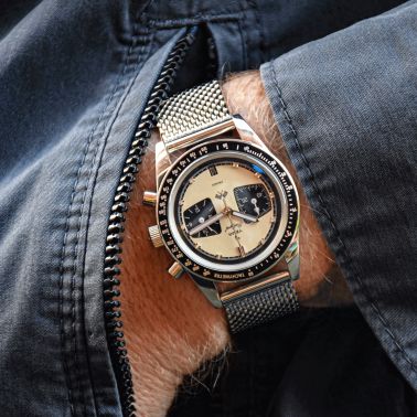 Montre Yema Rallygraf Meca-Quartz cadran crème bracelet acier maille milanaise 39 mm YMHF1580-BM