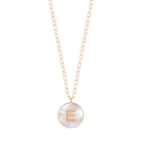 Ginette NY Jumbo Initial Ever E necklace in rose gold and white mother-of-pearl