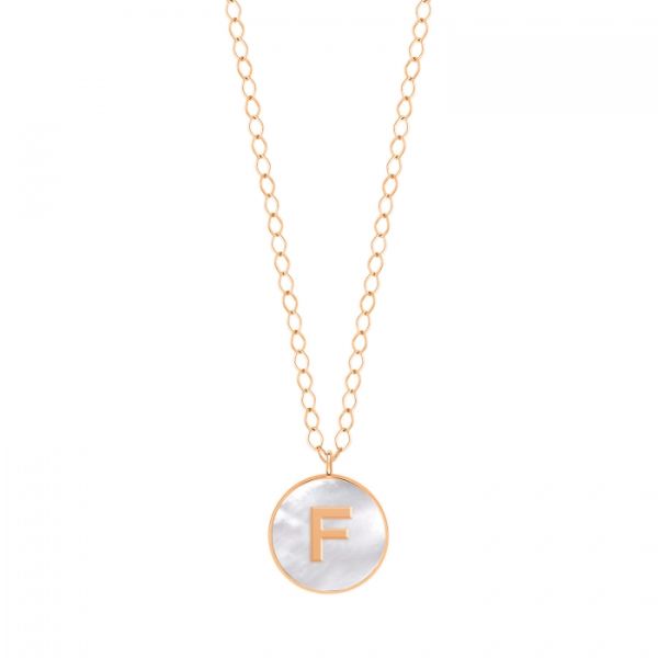 Ginette NY Jumbo Initial Ever F necklace in rose gold and white mother-of-pearl