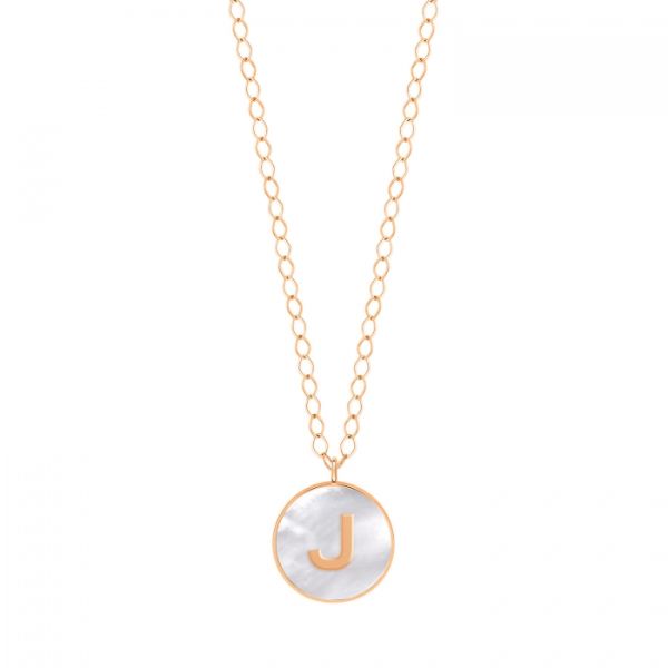 Ginette NY Jumbo Initial Ever J necklace in rose gold and white mother-of-pearl