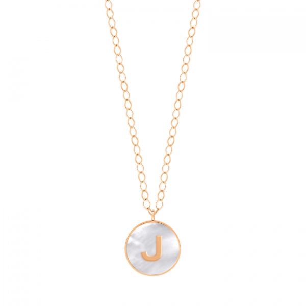 Ginette NY Jumbo Initial Ever J necklace in rose gold and white mother-of-pearl