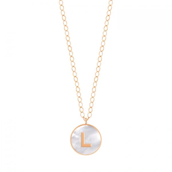 Ginette NY Jumbo Initial Ever L necklace in rose gold and white mother-of-pearl