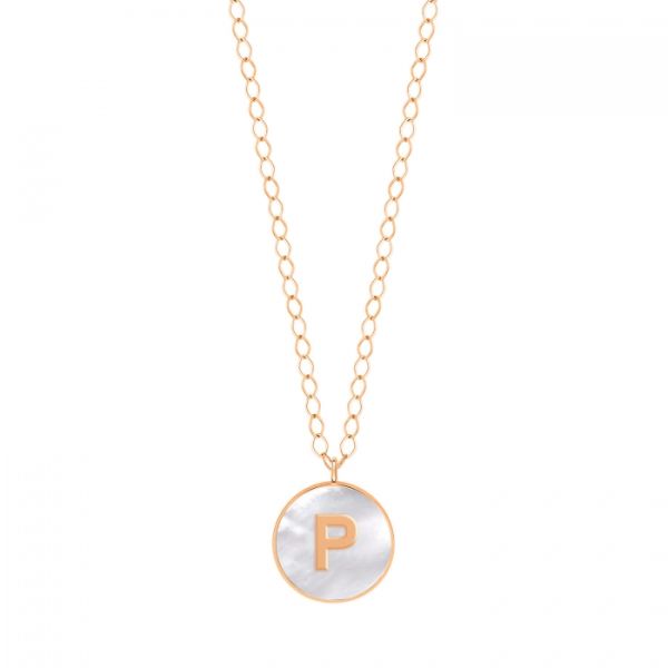 Ginette NY Jumbo Initial Ever P necklace in rose gold and white mother-of-pearl