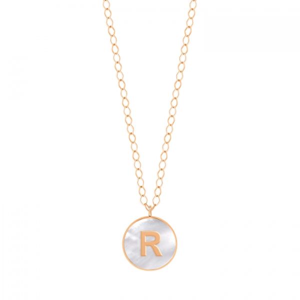 Ginette NY Jumbo Initial Ever R necklace in rose gold and white mother-of-pearl