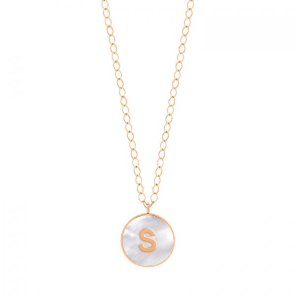 Ginette NY Jumbo Initial Ever S necklace in rose gold and white mother-of-pearl