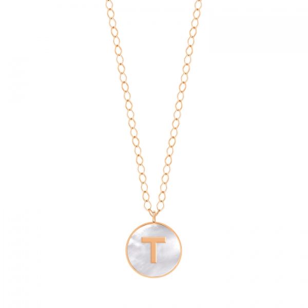 Collier Ginette NY Jumbo Initial Ever T en or rose et nacre blanche