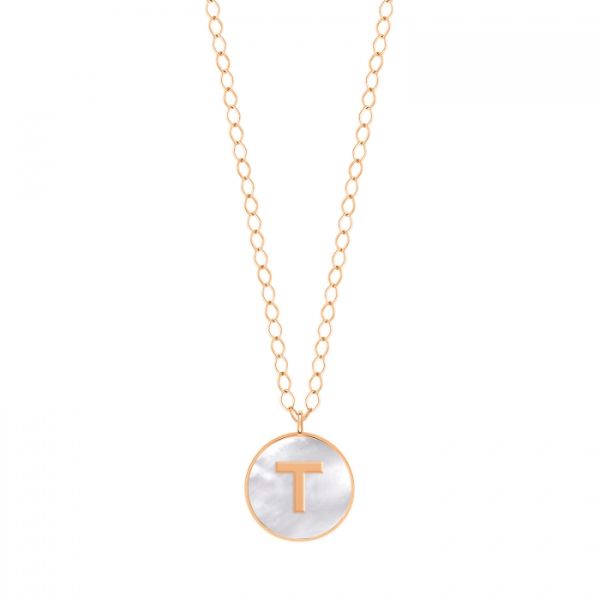 Ginette NY Jumbo Initial Ever T necklace in rose gold and white mother-of-pearl