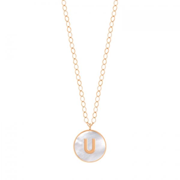 Ginette NY Jumbo Initial Ever U necklace in rose gold and white mother-of-pearl