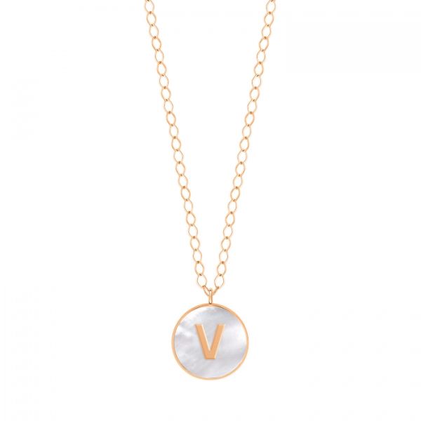 Ginette NY Jumbo Initial Ever V necklace in rose gold and white mother-of-pearl