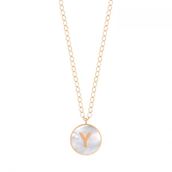 Ginette NY Jumbo Initial Ever Y necklace in rose gold and white mother-of-pearl