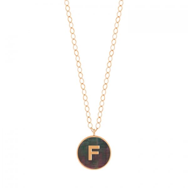 Ginette NY Jumbo Initial Ever F necklace in rose gold and black mother-of-pearl