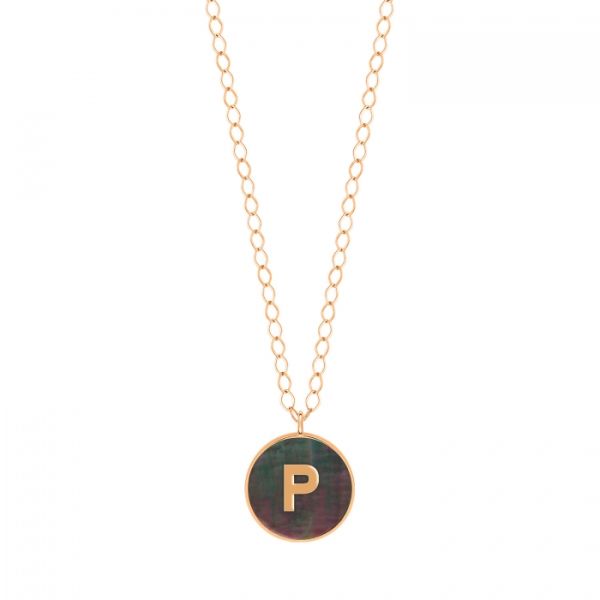 Ginette NY Jumbo Initial Ever P necklace in rose gold and black mother-of-pearl