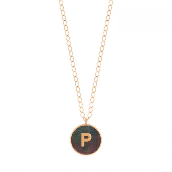 Ginette NY Jumbo Initial Ever P necklace in rose gold and black mother-of-pearl