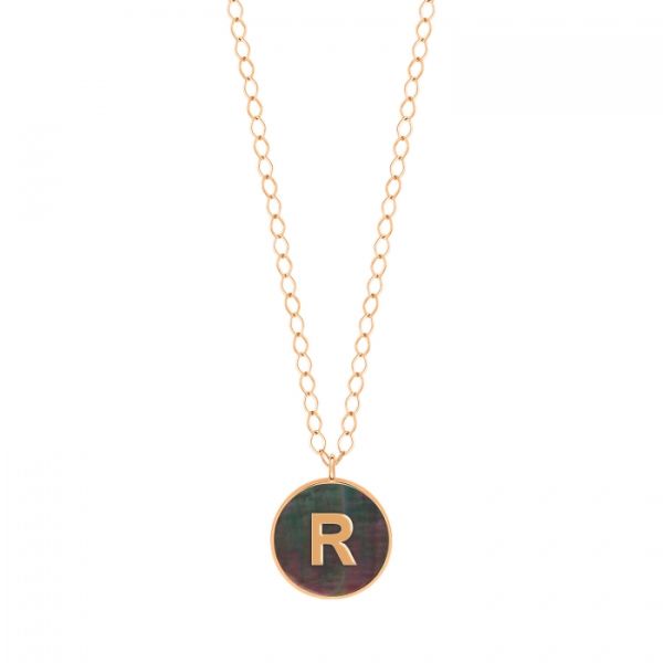 Ginette NY Jumbo Initial Ever R necklace in rose gold and black mother-of-pearl
