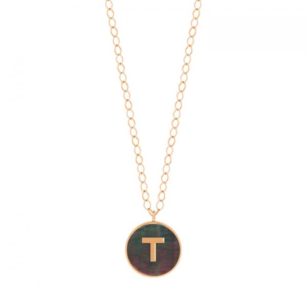 Ginette NY Jumbo Initial Ever T necklace in rose gold and black mother-of-pearl