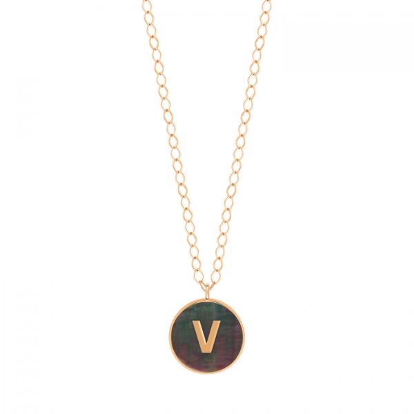 Ginette NY Jumbo Initial Ever V necklace in rose gold and black mother-of-pearl