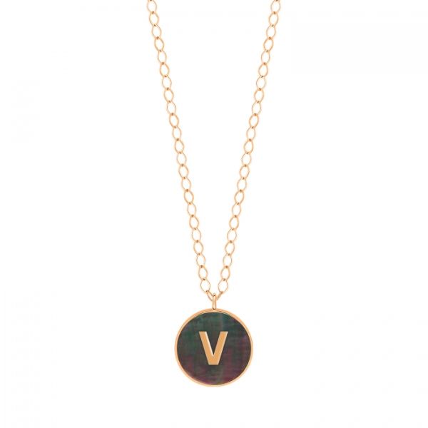 Ginette NY Jumbo Initial Ever V necklace in rose gold and black mother-of-pearl