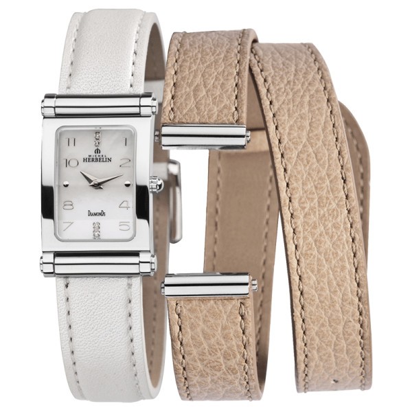 Montre Michel Herbelin Coffret Antarès quartz cadran nacre chiffres arabes bracelets cuir blanc et beige