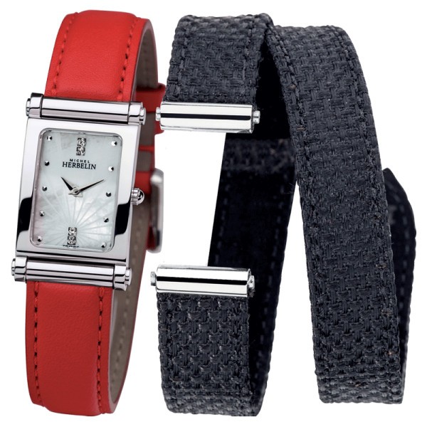 Montre Michel Herbelin Coffret Antarès quartz cadran nacre bracelets cuir rouge et bleu