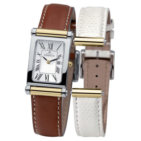 Montre Michel Herbelin Coffret Antarès quartz cadran argent chiffres romains bracelets cuir brun et blanc