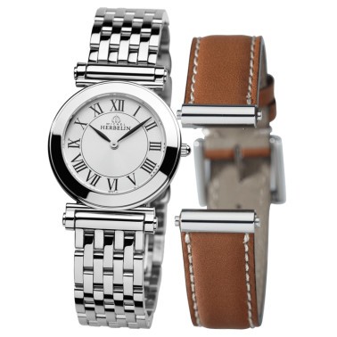 Montre Michel Herbelin Coffret Antarès quartz cadran gris chiffres romains bracelets acier et cuir brun 29 mm