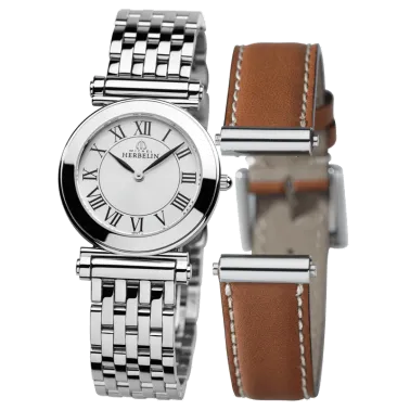 Montre Michel Herbelin Coffret Antarès quartz cadran gris chiffres romains bracelets acier et cuir brun 29 mm