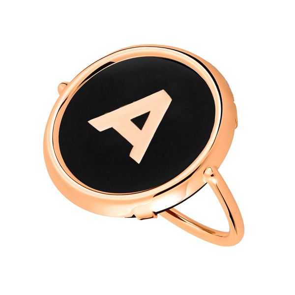 Ginette NY Initial A Disc Ring in rose gold and onyx