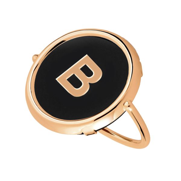 Ginette NY Initial B Disc Ring in rose gold and onyx