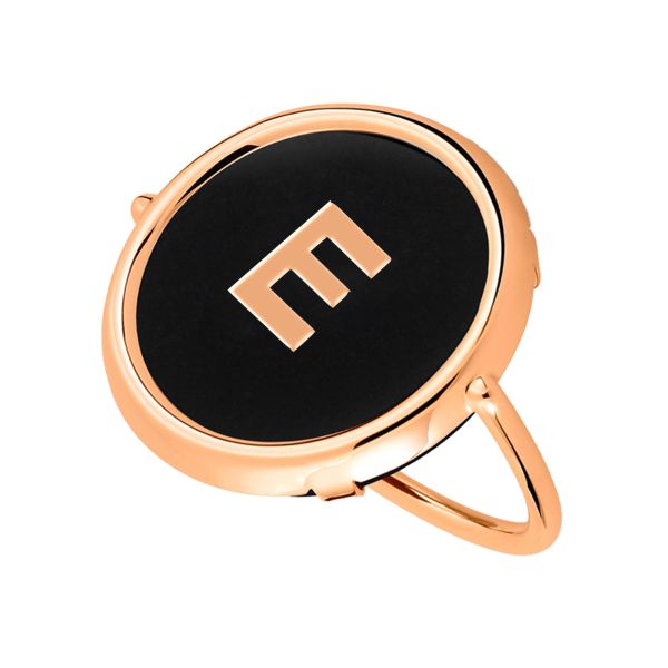 Ginette NY Initial E Disc Ring in rose gold and onyx