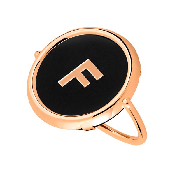 Ginette NY Initial F Disc Ring in rose gold and onyx
