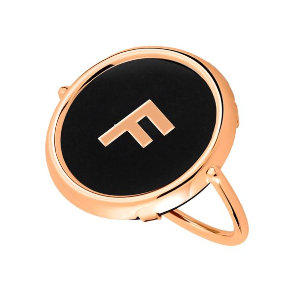 Bague Ginette NY Initial F Disc Ring en or rose et onyx