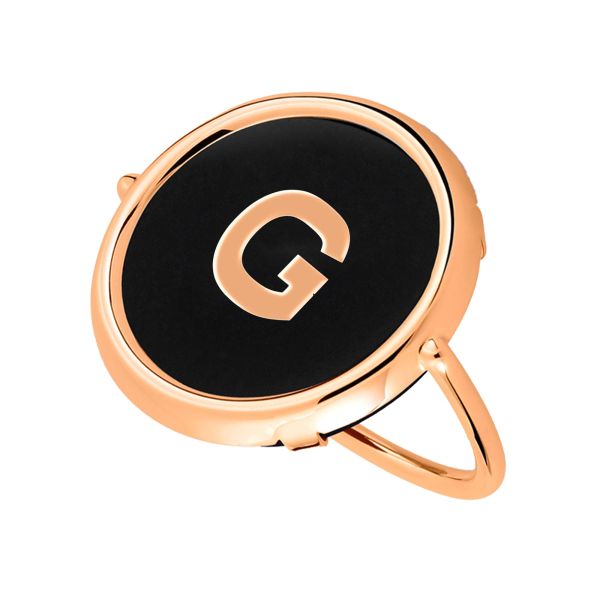 Ginette NY Initial G Disc Ring in rose gold and onyx