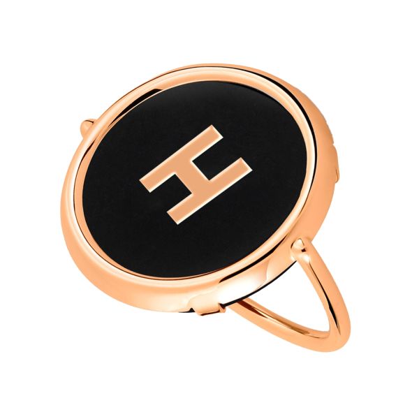 Ginette NY Initial H Disc Ring in rose gold and onyx