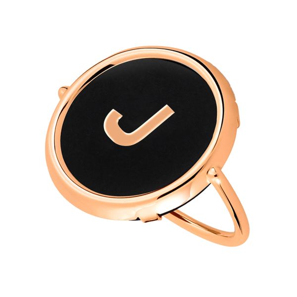 Bague Ginette NY Initial J Disc Ring en or rose et onyx